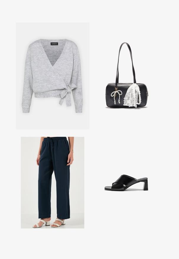 Pelēku svītru džemperis ar V veida kakla izgriezumu, garām piedurknēm un regulējamu saišu jostu viduklī. Izgatavots no mīksta pinuma materiāla ar vieglu tekstūru.; Divi kokvilnas krūšturi: viens gaiši bēšā krāsā un otrs melnā, abiem ir plānas siksniņas un V-veida kakla izgriezums. Redzami etiķetes iekšpusē.; Tums zilas platās bikses ar elastīgu jostu un auklu. Gluda auduma ar brīvu piegriezumu un saplēstu malu. Savairotas ar baltām augstpapēžu sandālēm.; Melnas ādas augstpapēžu zābakus ar pārsēju dizainu, kvadrātveida purngalu un blokveida papēdi. Gluda tekstūra ar minimālām detaļām.; Even&Odd Rokassoma - black