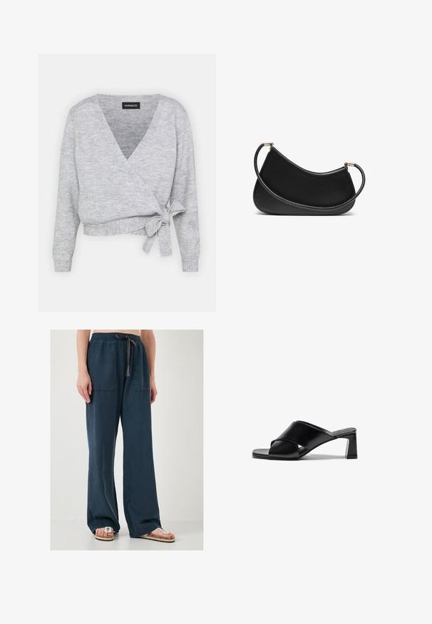Sivkasta jopica s V-izrezom, dolgimi rokavi in nastavljivim trakom v pasu. Narejena iz mehke pletene tkanine z rahlo teksturo.; Dva bombažna modrčka: en v svetlem bežu in drugi v črni barvi, z tankimi naramnicami in V-izrezom. Oznake so vidne znotraj.; Morske modre hlače širokega kroja iz mehkega materiala s sprednjima žepoma, elastičnim pasom in vrvico; oblečene s ravnimi sandalami.; Črne usnjene sandale na peto z oblikovanjem križnih trakov, kvadratnim prstom in blok peto. Gladka tekstura z minimalnimi podrobnostmi.; Črna usnjena torba za ramo s zakrivljeno obliko, opremljena z teksturirano naramnico in zlatimi dodatki na zgornjem zapiranju. Gladka površina.