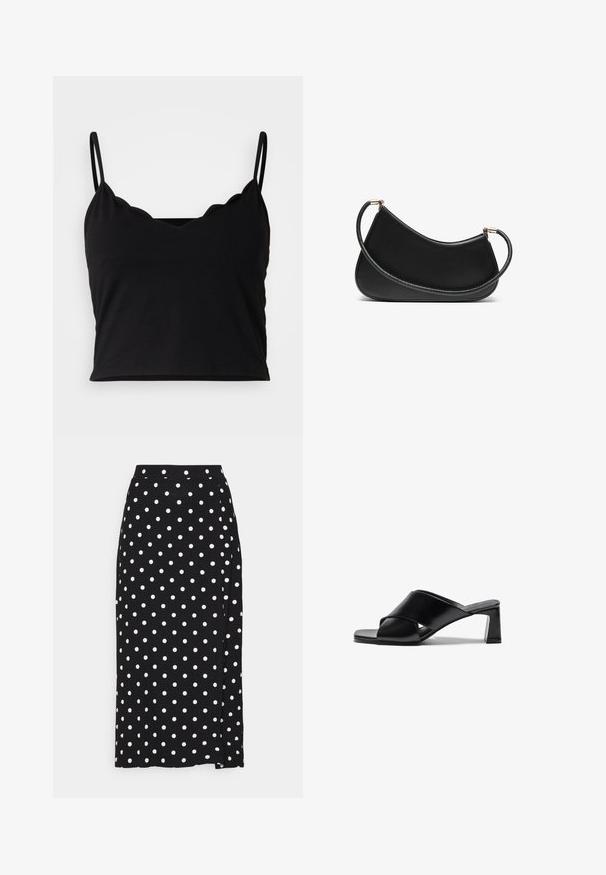 Grijze wikkeltrui met een V-hals, lange mouwen en een verstelbare strik in de taille. Gemaakt van zacht breimateriaal met een subtiele textuur.; Even&Odd Top - black; Zwarte rok met witte stippen, gemaakt van zachte stof. Heeft een rechte snit en een split aan de onderkant voor gemakkelijke beweging.; Zwarte lederen haksandalen met een cross-strap ontwerp, vierkante neus en een blokhak. Glad materiaal met minimale details.; Zwarte leren schoudertas met een gebogen ontwerp, voorzien van een gestructureerde schouderband en goudkleurige hardware bij de bovenste sluiting. Glad afgewerkt.