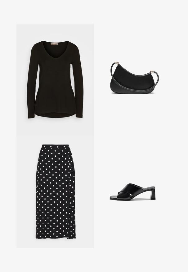 Maglione avvolgente grigio con scollatura a V, maniche lunghe e una cintura regolabile in vita. Realizzato in morbido materiale a maglia con una leggera texture.; Maglietta nera a maniche lunghe con scollatura a V, realizzata in un tessuto liscio e elasticizzato; presenta un orlo arrotondato e una silhouette aderente.; Gonna nera con pois bianchi, realizzata in tessuto morbido. Presenta un taglio dritto e un'apertura in fondo per facilitare i movimenti.; Sandali con tacco in pelle nera, caratterizzati da un design a fascia incrociata, punta quadrata e tacco a blocco. Texture liscia con dettagli essenziali.; Borsa a tracolla nera in pelle con un design curvo, dotata di una tracolla texturizzata e hardware dorato sulla chiusura superiore. Finitura liscia.