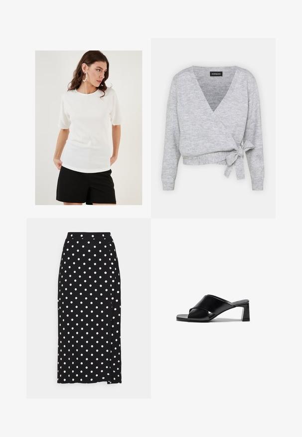 Suéter gris de punto con escote en V, mangas largas y un lazo ajustable en la cintura. Fabricado en un material de punto suave con una textura sutil.; Top blanco de manga corta con una tela texturizada, que presenta un escote redondo y un corte relajado, combinado con pantalones cortos negros.; Falda negra con lunares blancos, hecha de tela suave. Presenta un corte recto y una abertura en la parte inferior para facilitar el movimiento.; Sandalias de tacón de cuero negro que presentan un diseño de tiras cruzadas, punta cuadrada y tacón cuadrado. Textura suave con un mínimo de detalles.