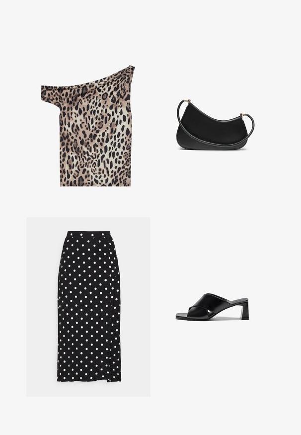 Siva omotna veste s V-izrezom, dugim rukavima i podesivim vezanjem u struku. Izrađena od mekog pletenog materijala s suptilnom teksturom.; Top bez rukava od lagane tkanine s uzorkom leopard kože u nijansama smeđe, crne i krem; glatka tekstura i usklađen oblik.; Crna suknja s bijelim točkicama, izrađena od mekanog materijala. Ima ravni kroj i prorez na dnu za lakše kretanje.; Crne kožne sandale s potpeticama koje ističu dizajn s križnim trakama, kvadratni nožni prst i blok petu. Glatka tekstura s minimalnim detaljima.; Crna kožna torba za rame s zaobljenim dizajnom, koja sadrži teksturiran remen i zlatne detalje na zatvaranju. Glatka površina.