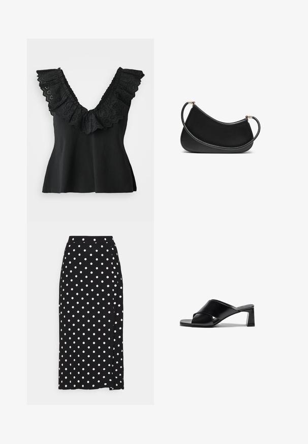 Pelēku svītru džemperis ar V veida kakla izgriezumu, garām piedurknēm un regulējamu saišu jostu viduklī. Izgatavots no mīksta pinuma materiāla ar vieglu tekstūru.; Melna bezpiedurkņu tops ar dziļu V-veida kakla izgriezumu un plašu, frilled apdari, kurai ir izgriezti ziedu motīvi. Mīksts audums; brīvs piegriezums ar nelielu izkliedi.; Melna svārku ar baltiem punktiņiem, izgatavoti no mīksta auduma. Iespējojusi taisnu griezumu un izgriezumu apakšā, lai nodrošinātu ērtu kustību.; Melnas ādas augstpapēžu zābakus ar pārsēju dizainu, kvadrātveida purngalu un blokveida papēdi. Gluda tekstūra ar minimālām detaļām.; Melnas ādas plecu soma ar izliekumu, aprīkota ar teksturētu siksnu un zelta tonētiem aksesuāriem augšējā aizdara daļā. Gluda apdare.