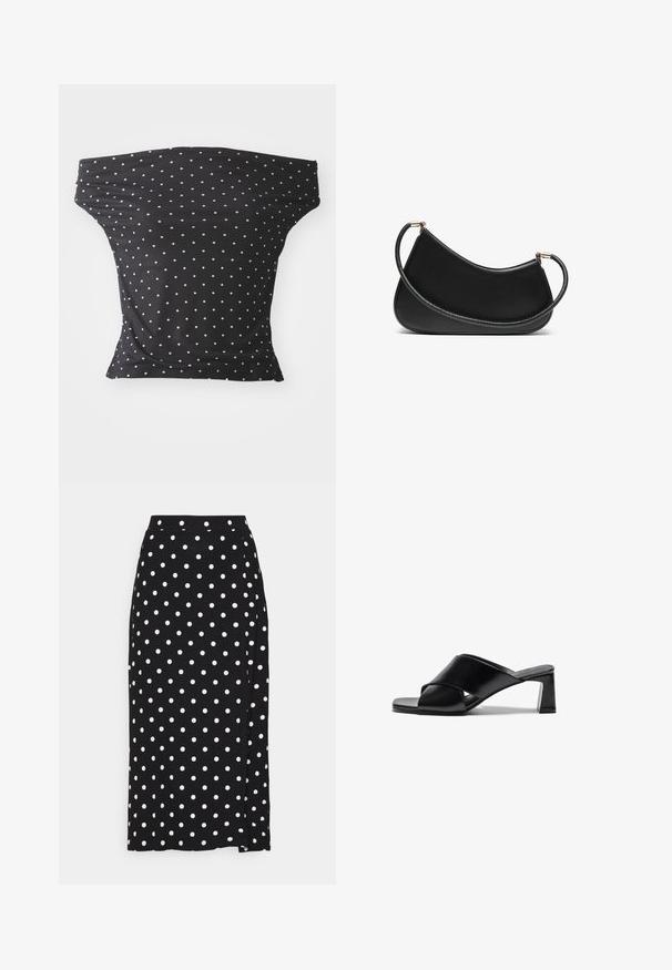 Pilkas švarkelis su V formos iškirpte, ilgomis rankovėmis ir reguliuojamu raiščiu liemens srityje. Pagamintas iš minkštos megztos medžiagos su švelniu tekstūra.; Juodas off-the-shoulder viršus, pagamintas iš tamprus audinys, su baltomis taškelėmis, pritaikytas dizainas ir minkšta tekstūra.; Juoda sijonas su baltais taškeliais, pagamintas iš minkštos medžiagos. Turi tiesų kirpimą ir skeltuką apačioje, kad būtų lengviau judėti.; Juodos odinės aukštakulnės sandalai su kryžminiu dirželio dizainu, kvadratine pėdos forma ir storu kulnu. Lygaus paviršiaus, su minimaliais akcentais.; Juodas odinis pečių krepšys su išlenktu dizainu, turintis tekstūruotą dirželį ir auksinės spalvos detalėmis viršutinėje užtrauktuko dalyje. Lygi apdaila.
