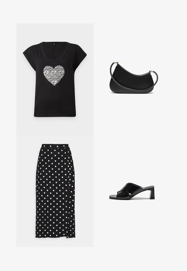 Pilkas švarkelis su V formos iškirpte, ilgomis rankovėmis ir reguliuojamu raiščiu liemens srityje. Pagamintas iš minkštos megztos medžiagos su švelniu tekstūra.; Juodas marškinėliai trumpomis rankovėmis ir V-škirtimu, centre esantis sidabrinis širdies raštas su zebro raštu. Pagaminta iš minkštos medvilnės medžiagos.; Juoda sijonas su baltais taškeliais, pagamintas iš minkštos medžiagos. Turi tiesų kirpimą ir skeltuką apačioje, kad būtų lengviau judėti.; Juodos odinės aukštakulnės sandalai su kryžminiu dirželio dizainu, kvadratine pėdos forma ir storu kulnu. Lygaus paviršiaus, su minimaliais akcentais.; Juodas odinis pečių krepšys su išlenktu dizainu, turintis tekstūruotą dirželį ir auksinės spalvos detalėmis viršutinėje užtrauktuko dalyje. Lygi apdaila.