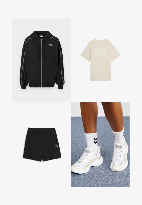 Felpa nera con zip e cappuccio, con lacci e cuciture a contrasto bianche sulle maniche, e piccolo logo "Rosie" sul petto.; T-shirt in cotone beige con vestibilità comoda, caratterizzata da un design grafico bianco che dice "PUMA sports club" e un piccolo logo sopra.; Pantaloni corti neri realizzati in tessuto a coste, dotati di una larga vita elastica e di un piccolo logo Puma bianco sul lato sinistro in basso.; Sneaker bianche con dettagli argento, materiale in rete e design chunky. Abbinate a calzini bianchi con motivi a chevron neri.