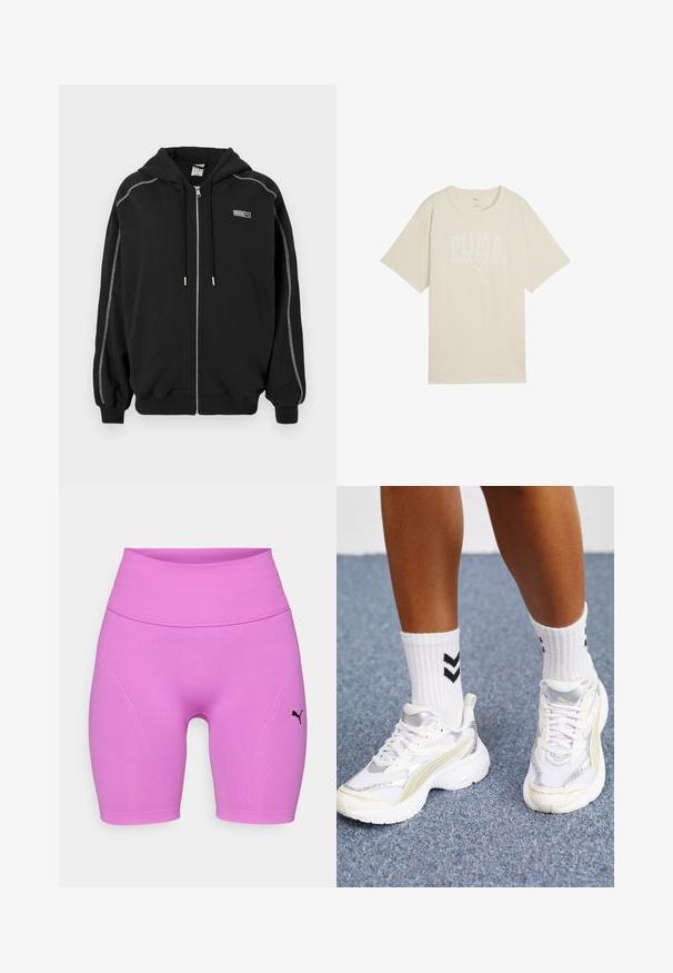 Hanorac negru cu fermoar, glugă și șnururi, cusături albe de contrast pe mâneci și un mic logo "Rosie" pe piept.; Tricou din bumbac bej, cu o croială lejeră, având un design grafic alb pe care scrie "PUMA sports club" și un mic logo deasupra.; Shorts atletic roz cu talie înaltă, textură netedă și logo negru. Au un design ajustat și detalii cu cusături.; Adidași albi cu accente argintii, din material tip plasă, și un design masiv. Împerecheați cu șosete albe cu modele în zigzag negre.