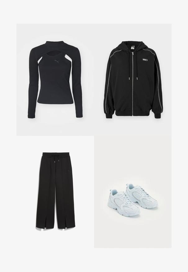 Black zip-up hoodie with hood and drawstrings, white contrast stitching on sleeves, and small "Rosie" logo on the chest.; Black long-sleeve shirt with a high neck, featuring cut-out details and a textured, ribbed surface. Logo on the chest in dark grey.; Black elastic-waist pants with a drawstring, featuring side slits and a subtle Puma logo on the hip, crafted from a soft fabric.; Light blue athletic shoes with a mesh and synthetic upper, featuring white polka dots and reflective accents, lace-up design, and cushioned soles.