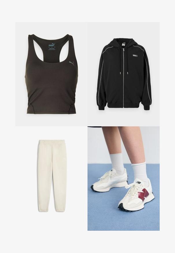Felpa nera con zip e cappuccio, con lacci e cuciture a contrasto bianche sulle maniche, e piccolo logo "Rosie" sul petto.; Top corto atletico nero con scollatura arrotondate e design a schiena scoperta. Presenta dettagli arricciati all'orlo e un piccolo logo decorativo.; Pantaloni della tuta beige chiaro realizzati in morbido tessuto, con una vita elasticizzata, polsini alle caviglie e un piccolo logo bianco sul lato.; Paio di sneakers bianche con accenti bordeaux, pannelli testurizzati, suola piatta nera e lacci leggeri, indossati con calzini bianchi alla caviglia.
