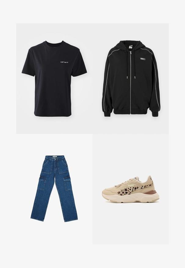 Svart zip-up hoodie med huva och dragsnoddar, vit kontrastsöm på ärmarna och liten "Rosie"-logga på bröstet.; Svart bomulls t-shirt med rund hals, kort ärm och vitt "carhartt"-logotyp på vänster bröst. Slät textur, standard passform.; Breda denim cargo byxor i blått med hög midja, framfickor och stora sidofickor med flik, utlagda platt på vit bakgrund.; Beige sneakers med en texturerad ovandel, som har ett leopardmönster på sidan, vadderad krage och en kraftig vit sula.