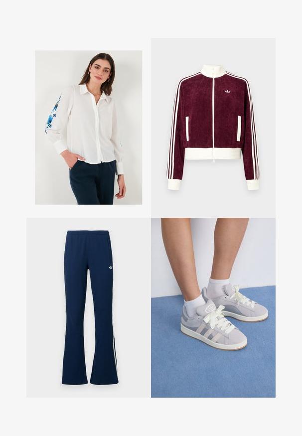 Burgundia corduroy lühike jakk valge ribakujulise vööga, kõrge krae, täispikk tõmblukk ja valged kolmesteralised aktsendid varrukatel.; Valge lina nööbiga särk kraega, millel on sinine lilleline tikand varrukatel, koos tumeda sinise pükstega.; Tumesinised soonikkoes laienevad tracksuit-püksid valgete küljeribadega ja vasakul pool tikitud logoga, millel on kaks küljetaskut.; Hallid hallad südamega ketsid valgete paelte ja kummitaldadega, millel on külgedel kolm diagonaalset triipu ja sildiga logoga keele peal.