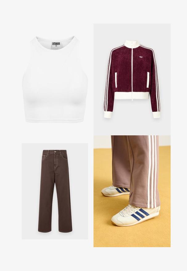 Bordo korčagini skraćena jakna s bijelim rebrastim pojasom, visokim ovratnikom, punim patentnim zatvaračem i bijelim trakama s tri pruge na rukavima.; Bjela rebrasta kratka majica s visokim izrezom i bez rukava. Izrađena od mekanog, elastičnog materijala za udoban fit.; Smeđe široke traperice s kontrastnim šavovima, pet džepova i metalnim kopčanjem. Glatka tekstura, ravni kroj.; Kremasti tenisice s plavim suedenim prugama, bijelim vezicama i gumenim potplatom. Upareni s sivim trenirkama koje imaju bijele bočne pruge.