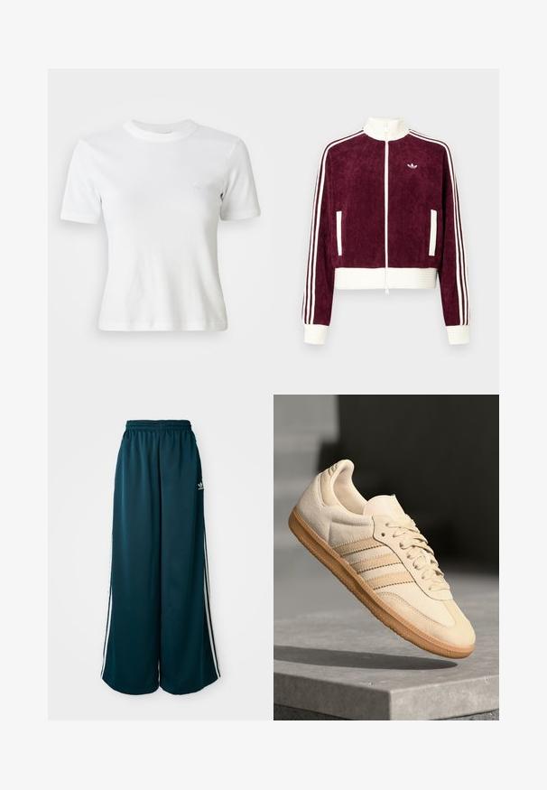Bordeaux corduroy cropped jack met witte geribbelde tailleband, hoge kraag, volledige ritssluiting en witte drie-streepaccenten op de mouwen.; Witte gestreepte t-shirt met korte mouwen, een ronde halslijn en een klein logo op de borst. Gemaakt van zachte stof met een getailleerd ontwerp.; Teal wijde sweatpants met een elastische tailleband, met drie witte strepen aan de zijkanten en een Adidas-logo aan de linkerkant.; Lichtbeige suède sneaker met een gumrubberen buitenzool, drie diagonale strepen en een textuur op de neus. Voorzien van een logo op de tong en de zijkant.