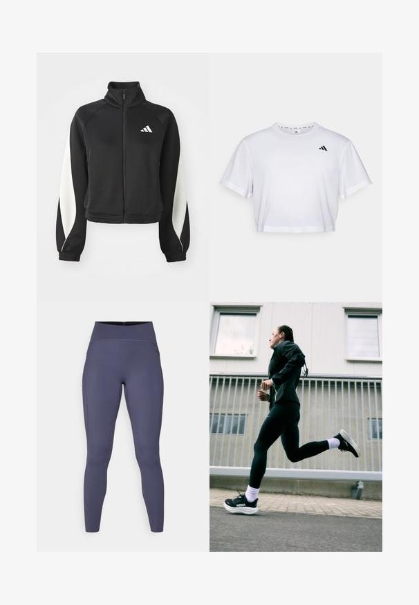 Juoda sportinė zip-up striukė su baltais akcentais, aukšta apykakle ir prigludusiais rankogaliais. Pagaminta iš lygaus audinio, su logotipu viršutiniame kairiajame kampe.; Balta trumpa marškinėliai, pagaminti iš švelnios medžiagos, su trumpomis rankovėmis ir apvaliu iškirpimu. Juodas logotipas kairėje krūtinės pusėje.; Aukštos juosmens kelnaitės vientisos tamsiai pilkos spalvos. Pagamintos iš elastingos medžiagos su plokščiais siūlėmis ir prigludusia, siaurėjančia kojų forma.; Juodas sportinis švarkas su neoninėmis detalėmis, juodos leginsai ir juodi bėgimo batai su baltais padais, prieš šviesiai pilką foną.