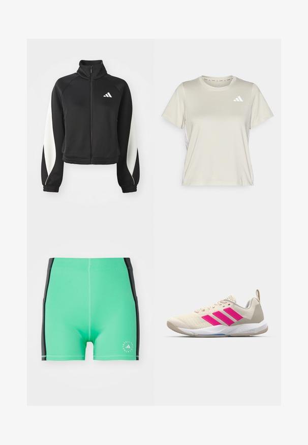 Jaqueta desportiva preta com fecho éclair, detalhes brancos, colarinho alto e punhos ajustados. Feita de tecido liso com um logótipo no lado superior esquerdo.; adidas Performance TRAIN ESSENTIALS 3STRIPES WORKOUT - T-shirt desportiva - alumina/white; Calções de banho verdes com acentos laterais pretos, feitos de um tecido elástico. Apresenta um logótipo no canto inferior direito e costuras planas para maior conforto.; Sapata atlética bege com logotipo de três riscas cor-de-rosa, parte superior em malha texturizada, colarinho acolchoado e sola de borracha branca, apresentando a marca "LIGHTSTRIKE".