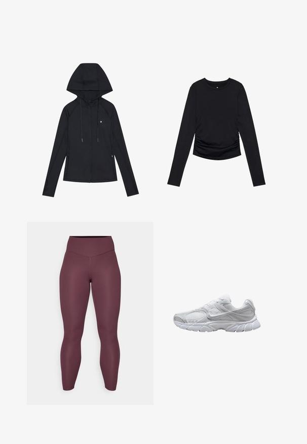 Sudadera con cremallera negra, con capucha estructurada, mangas raglán y cordones ajustables. Cuenta con bolsillos laterales y un logo minimalista en el pecho.; Top negro de manga larga con un escote redondo y detalles gathered en los laterales, presentado sobre un fondo blanco liso.; Leggings burdeos hechos de tela elástica; con cintura alta, diseño ajustado, textura suave, costuras sin fisuras y sin patrones ni acentos visibles.; Zapatilla deportiva blanca con paneles de malla, suela acolchada y logo de Nike en el lado, mostrada en perfil derecho sobre un fondo blanco.