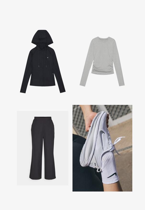 Sudadera con cremallera negra, con capucha estructurada, mangas raglán y cordones ajustables. Cuenta con bolsillos laterales y un logo minimalista en el pecho.; Camisa de manga larga gris, hecha de material suave, con un sencillo escote redondo y detalles fruncidos en los laterales.; Pantalones negros de pierna ancha con una cinturilla elástica, dos bolsillos laterales y una textura suave y ligera. Diseño sencillo, sin patrones visibles.; Zapatilla deportiva blanca con diseño texturizado y logo de Nike en gris, sostenida por encima de un calcetín blanco. La zapatilla presenta una suela flexible y cordones.