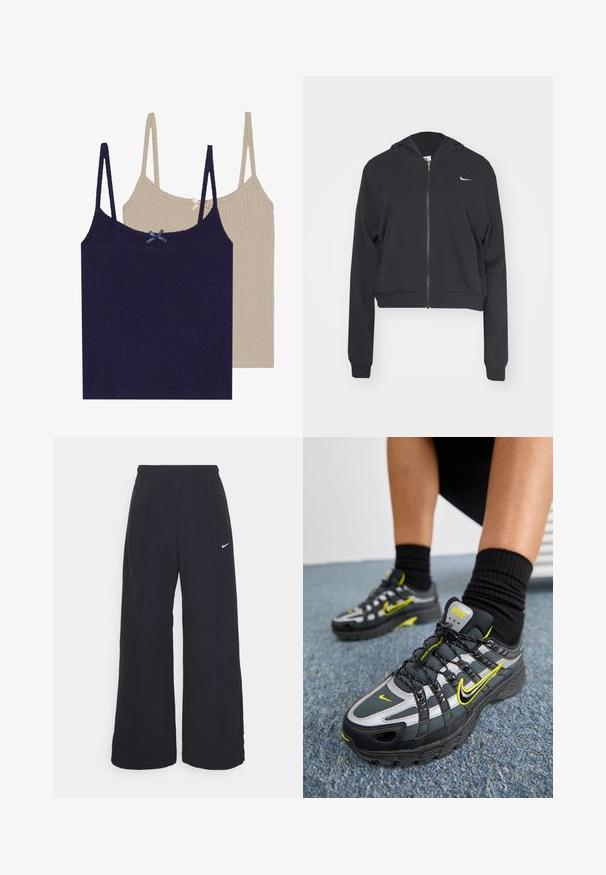 Felpa nera corta realizzata in morbido tessuto, con zip completa, cappuccio, maniche lunghe e un piccolo logo Nike bianco sul petto.; Due top in jersey con motivo a righe, uno blu navy con fiocco blu e uno crema con fiocco argento, dotati di spalline regolabili e una finitura testurizzata.; Pantaloni neri a gamba larga con cintura elastica e un piccolo logo Nike bianco. Il tessuto ha una texture liscia, progettata per il comfort e l'abbigliamento casual.; Scarpe da ginnastica nere e grigie con accenti riflettenti argento, pannelli in mesh testurizzati e dettagli gialli brillanti. Design con lacci e suola strutturata.