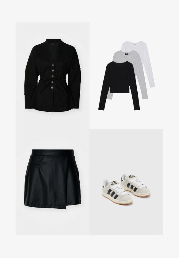 Mustan neuletakin V-pääntie, nappisuljenta ja solmimisvyö. Pehmeä tekstuuri ja leveät hihat luovat rentoa siluettia.; Kolme pitkähihasta paita päällekkäin: musta, harmaa ja valkoinen. Jokaisessa on pyöreä pääntie ja lyhennetty muotoilu, jossa on sileä ja kevyt kangas.; Mustat tekonahkainen mini-hame, jossa on tiukka vyötärö, sileä pinta ja kaksi etutaskua. Sisältää hienovaraisen kietaisusuunnittelun.; Harmaat mokkasiinikenkä, joissa on valkoiset nauhat, mustat raidat ja valkoinen kumipohja. Kantajassa on pyöreä logo ja vaaleanruskea pohja.