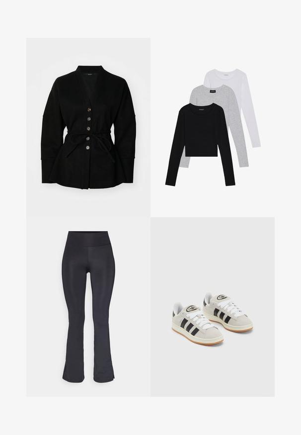 Juodas megztinis su V formos iškirpte, mygtukų uždarymu ir juostos diržu. Pasižymi minkšta tekstūra ir plačiomis rankovėmis, sukurdamos laisvą siluetą.; Trijų ilgomis rankovėmis marškinėlių krūva: juodas, pilkas ir baltas. Kiekvienas turi apvalų iškirpimą ir trumpą dizainą, pagamintas iš lygaus, lengvo audinio.; Juodos flared kelnės pagamintos iš tamprios medžiagos, su aukštu juosmeniu ir lygiu, matiniu paviršiumi. Nėra matomų raštų ar akcentų.; Grynos zomšos sneakeriai su baltais raišteliais, juodomis juostelėmis ir balta gumine sole. Turintys apskritą logotipą ant liežuvėlio ir guminę sole.