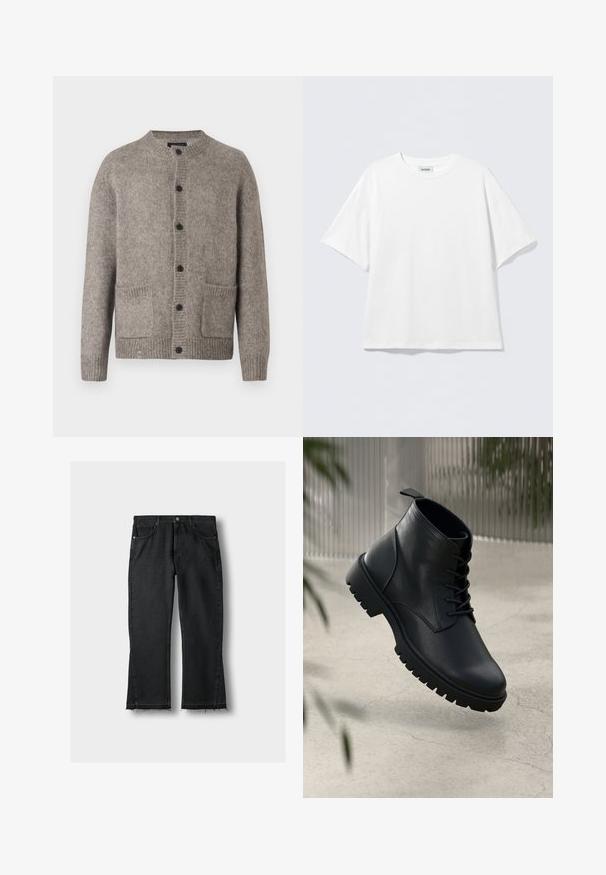 Light gray cardigan made of soft wool, featuring a round neckline, six black buttons, and two front pockets. Textured knit pattern.; White short-sleeve t-shirt made of cotton with a round neckline and relaxed fit. No visible patterns or accents. Simple design.; Black denim jeans with a straight leg cut, featuring a frayed hem, five pockets, and metallic hardware details. Classic design and sturdy texture.; Black leather ankle boots with a rounded toe, lace-up design, and rugged rubber sole. Smooth texture with a pull tab at the back.