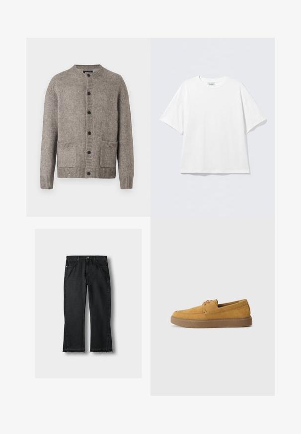 Light gray cardigan made of soft wool, featuring a round neckline, six black buttons, and two front pockets. Textured knit pattern.; White short-sleeve t-shirt made of cotton with a round neckline and relaxed fit. No visible patterns or accents. Simple design.; Black denim jeans with a straight leg cut, featuring a frayed hem, five pockets, and metallic hardware details. Classic design and sturdy texture.; Brown suede slip-on shoes with a textured finish, round toe, and contrasting rubber sole. Features subtle branding near the heel.