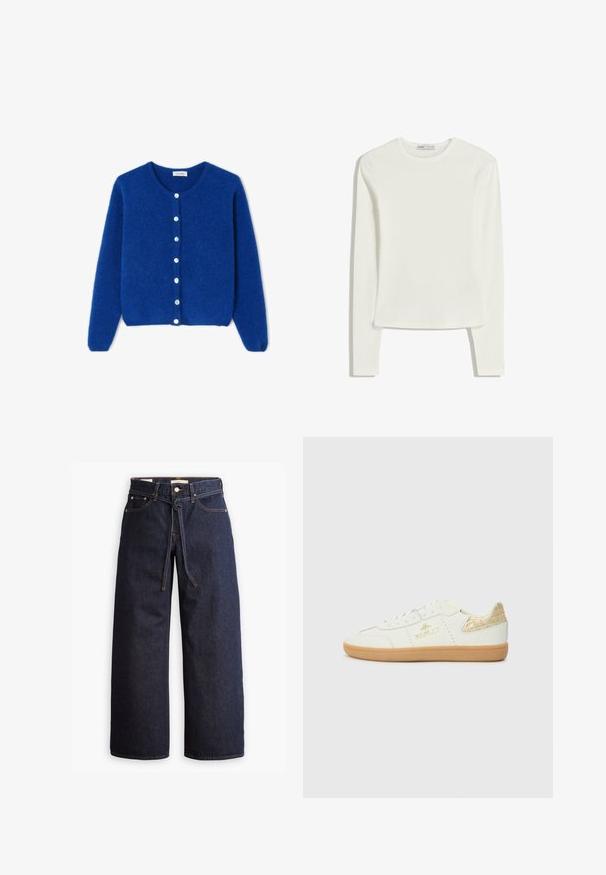 Blauer Strickcardigan aus weichem Material, mit rundem Halsausschnitt, langen Ärmeln und sechs weißen Knöpfen an der Vorderseite.; Weißes Langarmshirt aus weichem, glattem Stoff. Hat einen Rundhalsausschnitt und eine taillierte Passform mit minimalen Nähdetails.; Weite, dunkelblaue Jeans aus Denim mit hoher Taille, ausgestattet mit einem Kordelzug, fünf Taschen und kontrastierenden Nähdetails.; Replay PYPER W TRADE - Sneaker low - white