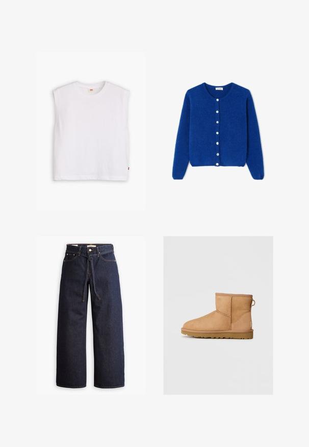 Niebieski dziergany kardigan z miękkiego materiału, z okrągłym dekoltem, długimi rękawami i sześcioma białymi guzikami z przodu.; Biała bawełniana koszulka bez rękawów z okrągłym dekoltem, prostym krojem i małą czerwoną metką logo na dolnym brzegu. Miękka w dotyku.; Spodnie dżinsowe w kolorze ciemnoniebieskim o szerokich nogawkach i wysokim stanie, z wiązaniem na sznurki, pięcioma kieszeniami oraz kontrastowymi detalami w staszcu.; Beżowe zamszowe botki za kostkę z okrągłym noskiem, przeszyciami, z pętelką z tyłu i teksturowaną gumową podeszwą. Zaprojektowane z myślą o komforcie i ciepłocie.