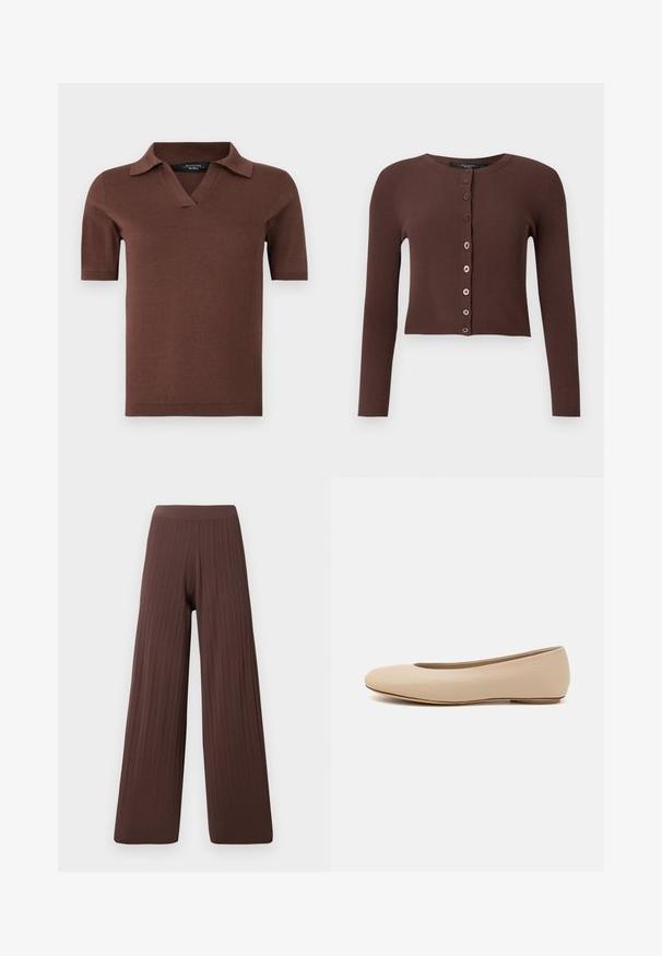 Barna bordás kardigán kerek nyakkivágással, hosszú ujjakkal és rövidített szegéllyel. Hat kerek gomb díszíti az elejét.; Barna, rövid ujjú polo póló, V-nyakkal és gallérral, puha, kötött anyagból, sima textúrával. Egyszerű és modern dizájn.; Sötétbarna bordás anyagú, bő szárú nadrág, magas derékkal és hullámzó szilüettel, kiemelve a textúrát és a térfogatot.; Beige bőr balettcipő lekerekített orral, minimális varrás részletekkel, alacsony sarkú és diszkrét logóval a hátsó részen. Simább, matt textúrájú.