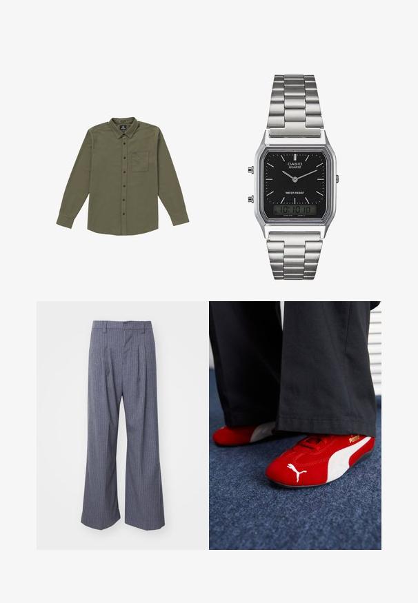 Cardigan beige côtelé avec manches longues, col plat et sept boutons ronds sur le devant. Texture douce, idéale pour superposer.; Chemise à boutons pour hommes de couleur vert olive. Fabriquée en tissu doux, elle comprend des manches longues, une poche poitrine et des boutons noirs. Conception à col standard.; Pantalon gris à rayures avec une coupe évasée, comportant des plis à l'avant et une texture lisse. Pas de matériel ou d'accents visibles.; Baskets en suède rouge avec des accents blancs, dotées d'un matériau texturé, d'une pointe arrondie et d'un logo doré sur le côté, portées avec un pantalon noir.; Montre en acier inoxydable argenté avec un cadran rectangulaire noir, dotée d'aiguilles analogiques, d'un écran numérique et d'un label d'étanchéité.