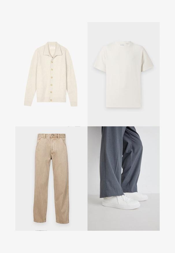 Beežist soonikkoes kampsun pikkade varrukatega, lame krae ja seitse ümarat nööpi ees. Pehme tekstuur, sobib kihiliseks kandmiseks.; Valge lühikeste varrukatega T-särk ribakudumises. Ümar kaelus, mugav lõige, nähtavad mustrid ega aksessuaarid puuduvad. Lihtne ja mitmekesine disain.; Bežidemini teksased sirgjoonise kujundusega, front pocket'itega, metallist nööbi kinnitusega ja peene tekstuuriga.; Hallide laiad püksid, mis on kombineeritud valgete tekstureeritud spordijalatsitega. Spordijalatsitel on sile tald ja paeltega kinnitamine.