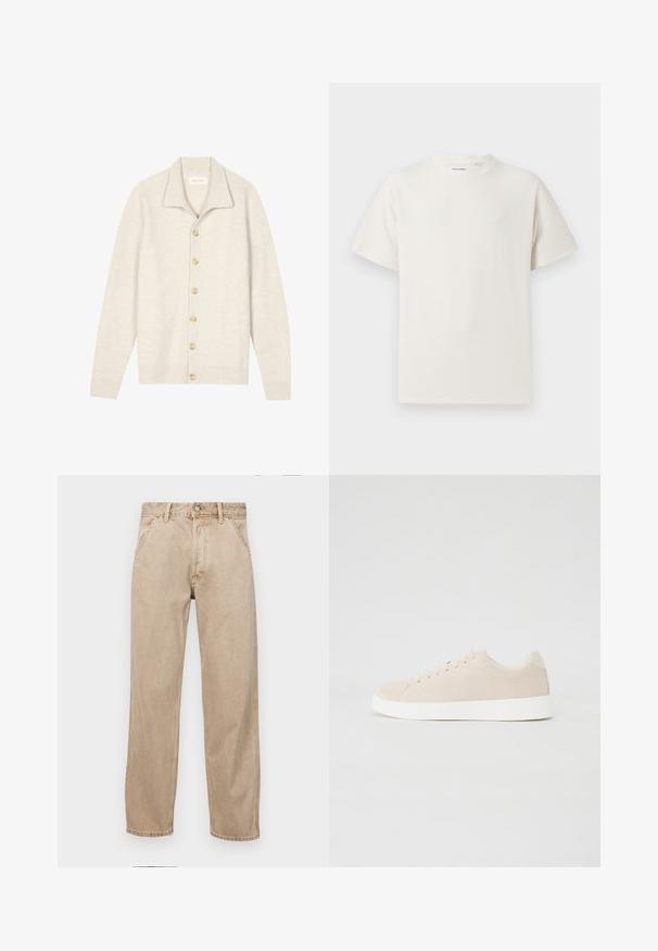 Beige ribbed cardigan with long sleeves, flat collar, and seven round buttons down the front. Soft texture suitable for layering.; White short-sleeve T-shirt in a ribbed texture. Round neckline, relaxed fit, no visible patterns or accents. Simple and versatile design.; Beige denim jeans with a straight leg design, featuring front pockets, a metal button closure, and subtle texture.; Beige suede sneakers with white rubber soles, rounded toe, and six eyelets for laces. Smooth texture with minimalistic design.