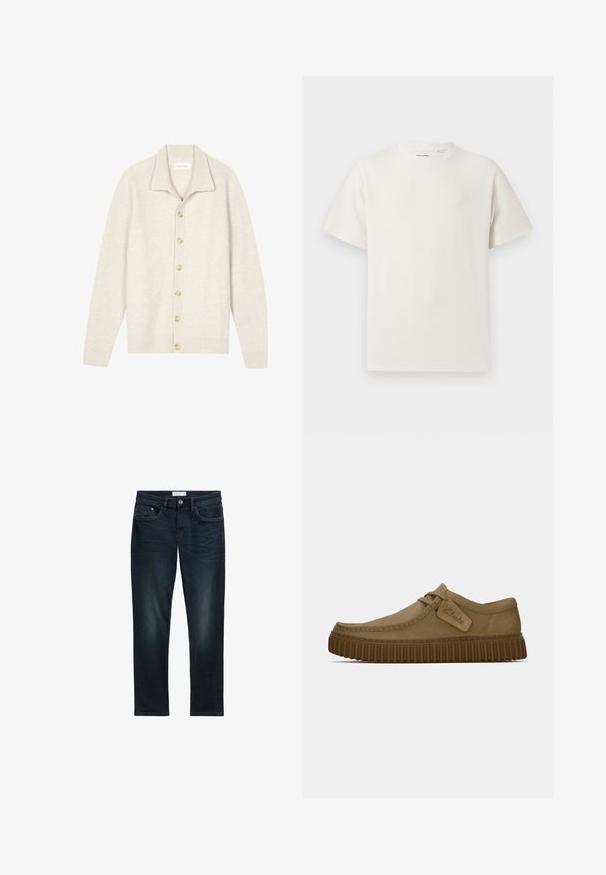 Bež rebrasti kardigan s dugim rukavima, ravnim ovratnikom i sedam okruglih gumba sprijeda. Mekana tekstura pogodna za slaganje slojeva.; Bijela kratka majica s kratkim rukavima u rebrastoj teksturi. Okrugli izrez, ležeran kroj, bez vidljivih uzoraka ili akcenta. Jednostavan i svestran dizajn.; Tamno plave traperice slim kroja, s pet džepova, zatvaranjem na dugme i suptilnim izbljeđivanjem sprijeda za teksturu.; Svijetlosmeđi nubuk cipele s okruglim vrhom, šavovima detaljima i rebrastom smeškom gumom. Ima bočnu oznaku s "Clarks" logotipom.