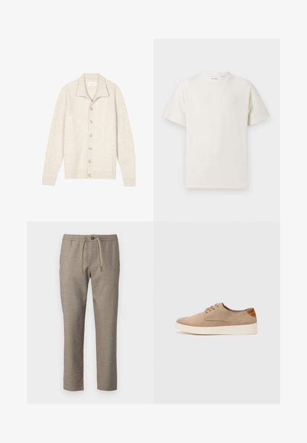 Smėlio spalvos ribuotas kardiganas su ilgomis rankovėmis, plokščiu apykakliu ir septyniais apvaliais mygtukais priekyje. Minkšta tekstūra, tinkama sluoksniavimui.; Balta trumpa rankovė T-polo marškinėlių su juostelėmis tekstūra. Apvalus iškirpimas, laisvas fasonas, jokių matomų raštų ar akcentų. Paprastas ir universalus dizainas.; Bežinės kelnės su elastinga juosta, raišteliu ir tiesiu kirpimu. Medžiaga turi subtilų tekstūrą.; Bežiniai zomšiniai sportbačiai su apvaliomis pirštų dalimis, raišteliais priekyje ir tekstūruotu užkulniu. Balta guma suteikia kontrastą. Paprastas ir modernus dizainas.