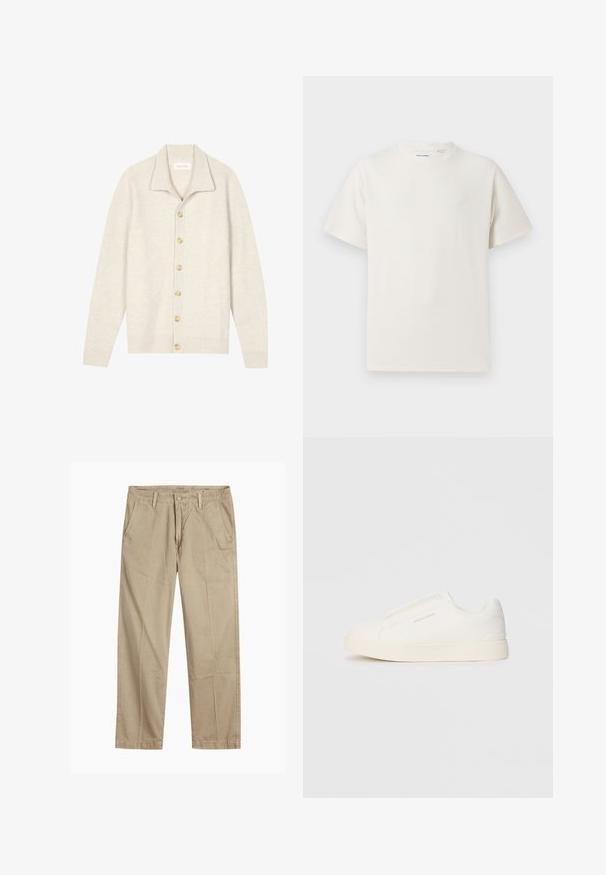 Beige ribbestrikket cardigan med lange ermer, flat krage og syv runde knapper nedover foran. Myk tekstur som passer godt til lag-på-lag.; Hvit T-skjorte med kort erm i ribbestrikket tekstur. Rund hals, avslappet passform, ingen synlige mønstre eller detaljer. Enkelt og allsidig design.; Beige straight-leg chinos med beltehemper, frontlukking med knapp og glidelås, og skrå frontlommer.; Hvite slip-on joggesko med teksturert overflate, tykk såle og minimalistisk design. Har merkevarelogo på siden.