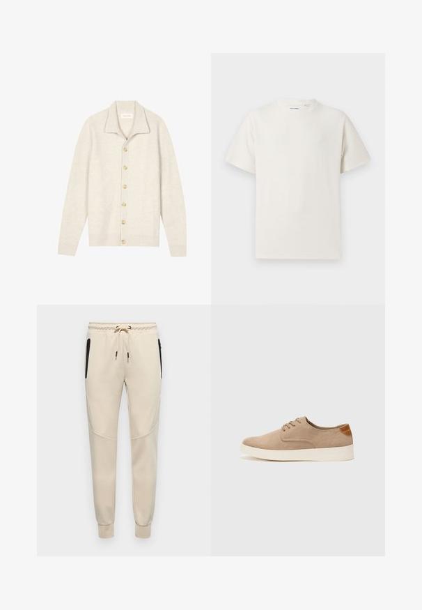 Beežist soonikkoes kampsun pikkade varrukatega, lame krae ja seitse ümarat nööpi ees. Pehme tekstuur, sobib kihiliseks kandmiseks.; Valge lühikeste varrukatega T-särk ribakudumises. Ümar kaelus, mugav lõige, nähtavad mustrid ega aksessuaarid puuduvad. Lihtne ja mitmekesine disain.; Heledad hall tan värvi dressipüksid, millel on nööriga vöökoht, külgmised tõmblukud ja kitsenevad varrukad, millel on tekstuuriga aktsendid külgedel.; Beežid nahast tossud ümarate varvastega, paeltega esiosa ja tekstuuriga tagakontuuriga. Valge kummist tallapakkumine loob kontrasti. Lihtne ja kaasaegne disain.