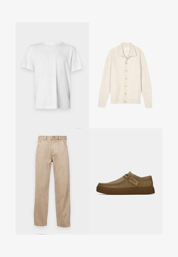 Beežist soonikkoes kampsun pikkade varrukatega, lame krae ja seitse ümarat nööpi ees. Pehme tekstuur, sobib kihiliseks kandmiseks.; Valge lühikeste varrukatega T-särk pehmest puuvillast, millel on ringkaelus ja õlgade vasakul küljel peenetundeline reljeefne logo.; Bežidemini teksased sirgjoonise kujundusega, front pocket'itega, metallist nööbi kinnitusega ja peene tekstuuriga.; Kerged pruunist nahksoost kingad, millel on ümar varvas, õmblustega detailid ja soonikkoes pruun kummitald. Omab külje peal sildi, millel on "Clarks" logo.