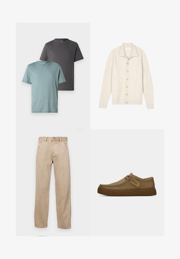 Beežist soonikkoes kampsun pikkade varrukatega, lame krae ja seitse ümarat nööpi ees. Pehme tekstuur, sobib kihiliseks kandmiseks.; Kaks lühikeste varrukatega ümmarguse kaelusega T-särki erinevates värvides: üks hele teaal ja teine tume hall. Mõlemad on valmistatud siledast puuvillast.; Bežidemini teksased sirgjoonise kujundusega, front pocket'itega, metallist nööbi kinnitusega ja peene tekstuuriga.; Kerged pruunist nahksoost kingad, millel on ümar varvas, õmblustega detailid ja soonikkoes pruun kummitald. Omab külje peal sildi, millel on "Clarks" logo.