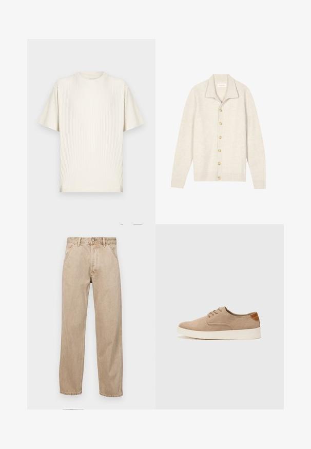 Beige geribbelde cardigan met lange mouwen, platte kraag en zeven ronde knopen aan de voorkant. Zachte textuur, geschikt om als laagje te dragen.; Roomkleurig geribd T-shirt met korte mouwen en een ronde hals, met een ontspannen pasvorm, weergegeven tegen een effen lichte achtergrond.; Beige denim jeans met een recht gesneden ontwerp, voorzien van voorzakken, een metalen knoopsluiting en een subtiele textuur.; Beige suède sneakers met een ronde neus, vetersluiting aan de voorkant en een getextureerde achteraccent. De witte rubberen zool zorgt voor contrast. Eenvoudig en modern ontwerp.