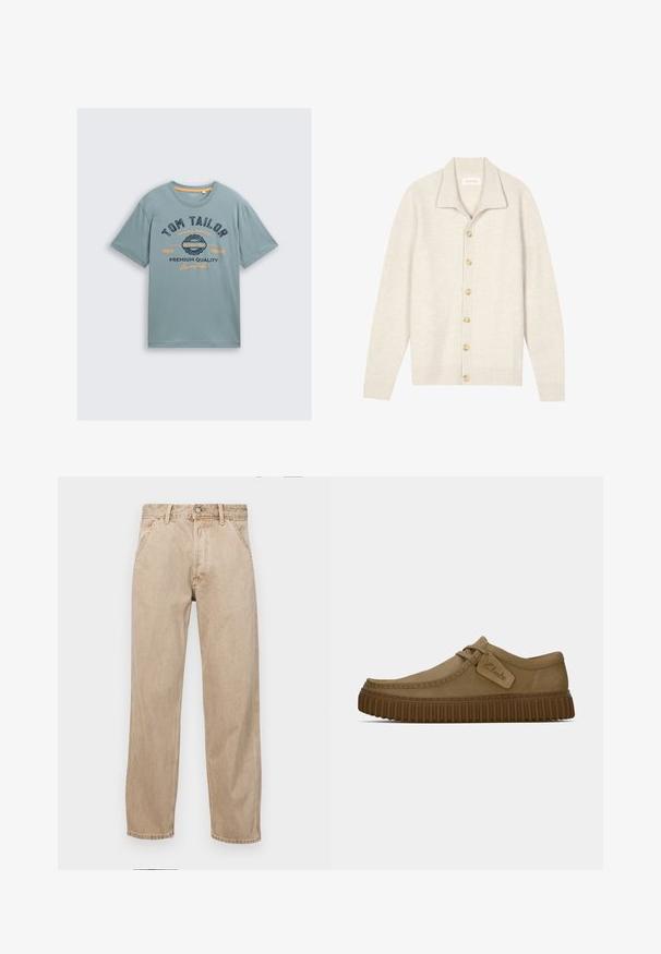 Beige ribbed cardigan with long sleeves, flat collar, and seven round buttons down the front. Soft texture suitable for layering.; Light blue cotton t-shirt with short sleeves. Features dark blue and orange graphic text: "TOM TAILOR" and "PREMIUM QUALITY." Simple round neckline.; Beige denim jeans with a straight leg design, featuring front pockets, a metal button closure, and subtle texture.; Light brown suede shoes with a rounded toe, stitched detailing, and a ribbed brown rubber sole. Features a side tag with "Clarks" logo.