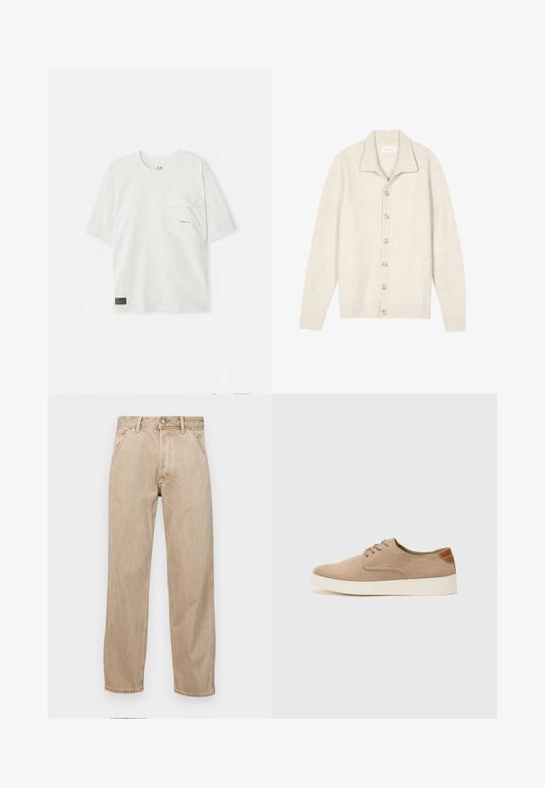 Beige ribbad kofta med långärmar, platt krage och sju runda knappar framtill. Mjuk textur som passar bra för lager på lager.; Kortärmad, ljusgrön t-shirt i bomull. Har en bröstficka och en liten logotyp nära fickan. Mjuk textur, avslappnad design.; Beige denimjeans med rak passform, som har framfickor, metallknappstängning och subtil textur.; Beige mockasinsneakers med rund tå, snörning fram och texturerad bakaxel. Vit gummisula ger kontrast. Enkelt och modernt design.