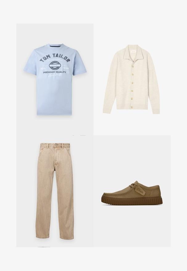 Beige ribbestrikket cardigan med lange ermer, flat krage og syv runde knapper nedover foran. Myk tekstur som passer godt til lag-på-lag.; Lyseblå bomull T-skjorte med rund hals, korte ermer og trykt tekst i mørkeblå. Har en logo og design med etablert år.; Beige denimjeans med rett ben design, med frontlommer, metallknapplukking og subtil tekstur.; Lys brun semsket skinnsko med rundt tå, sydd detaljer og en ribbet brun gummisåle. Har en sideetikett med "Clarks"-logo.