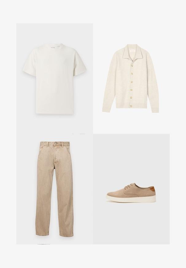Cardigan beige a coste con maniche lunghe, colletto piatto e sette bottoni rotondi sul davanti. Tessuto morbido adatto per stratificare.; T-shirt bianca a maniche corte in texture a coste. Girocollo, vestibilità rilassata, senza modelli o accenti visibili. Design semplice e versatile.; Jeans in denim beige con un design a gamba dritta, dotati di tasche frontali, chiusura con bottone metallico e una texture delicata.; Sneaker in suede beige con punta arrotondata, stringhe davanti e un accento testurizzato sul retro. La suola in gomma bianca offre un contrasto. Design semplice e moderno.