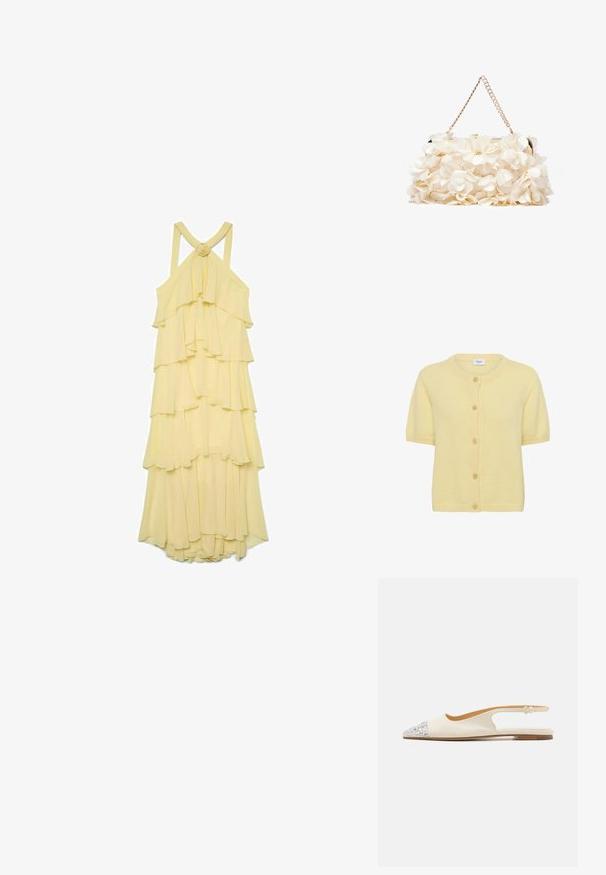 Cárdigan amarillo de manga corta hecho de material de punto suave, con cuello redondo, botones frontales y acentos de canalé en el cuello y el dobladillo.; Vestido amarillo con capas que presenta volantes en los niveles, tirantes finos y un acento anudado en la parte posterior. Fabricado con un tejido ligero y fluido.; Zapato tipo slingback en cuero crema con punta afilada, adornado con strass plateados en la parte delantera y un diseño de corte minimalista.; Bolso floral blanco con superficie de tela fruncida, correa de cadena en tono dorado y cierre de metal. Presenta pétalos texturizados para un detalle adicional.