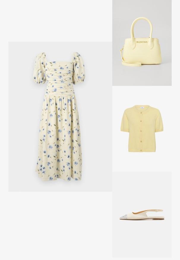 Gelbe kurzärmelige Strickjacke aus weichem Material, mit rundem Ausschnitt, Knöpfen vorne und Rippabschlüssen am Kragen und Saum.; Blumiges Midikleid in hellgelb mit blauen Blumenmustern. Hat Puffärmel und ein tailliertes Oberteil mit raffinierten Details.; Slingback-Schuhe aus cremefarbenem Leder mit spitzem Zeh, verziert mit silbernen Strasssteinen an der Vorderseite und einem minimalistischen Ausschnittdesign.; Gelbe Handtasche aus glattem, strukturiertem Kunstleder, mit abgerundeten Griffen, abnehmbarem Schulterriemen und geprägtem "VALENTINO"-Logo auf der Vorderseite.