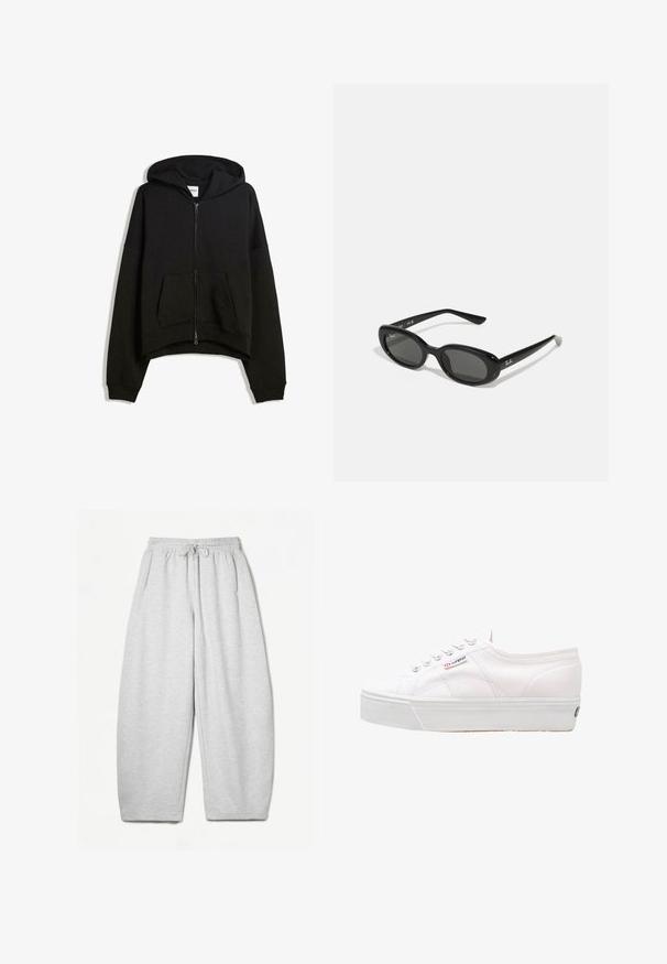 Schwarze Zip-Hoodie aus Baumwollmischung, mit großer Kapuze, Fronttasche und gerippten Bündchen in einem cropped Design.; Kurze Ärmel weißes T-Shirt aus weichem Baumwollmaterial. Rundhalsausschnitt und lockere Passform. Keine sichtbaren Muster oder Grafiken.; Hellgraue Sweatpants mit entspannter Passform, elastischem Bund, Kordelzug und seitlichen Taschen; aus weichem, strukturiertem Stoff gefertigt.; Superga 2790 LINEA UP AND DOWN - Sneaker low - white; Schwarze Sonnenbrille mit ovalen Gläsern, glänzendem Kunststoffrahmen und schlanken Bügeln. Mit Ray-Ban-Logo in Weiß an der Seite.; Schwarze Leder-Crossbody-Tasche mit rechteckiger Form, verstellbarem Tragegurt, glatter Textur, minimalistischem Design und dezentem, geprägtem Markenlogo.