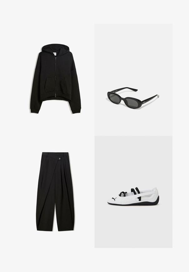 Černá zipová mikina vyrobená z bavlněné směsi, která má velkou kapuci, přední kapsu a žebrované manžety s kratším střihem.; Krátký rukáv bílého trička vyrobeného z měkké bavlny. Design s kulatým výstřihem a uvolněným střihem. Žádné viditelné vzory ani grafika.; Černé kalhoty s širokými nohavicemi vyrobené z hladké tkaniny, s předními sklady, zapínáním na knoflík a přizpůsobeným střihem pro strukturovanou siluetu.; Bílé sportovní boty s černými akcenty, zaoblenou špičkou, elastickými pásky a texturovanou gumovou podrážkou. Logo Puma na přední straně.; Černé sluneční brýle s oválnými objektivy, lesklý plastový rám a štíhlé nožičky. Na boku se nachází bílé logo Ray-Ban.; Černá kožená taška přes rameno s obdélníkovým tvarem, nastavitelným popruhem, hladkým povrchem, minimalistickým designem a subtelným embosovaným logem značky.