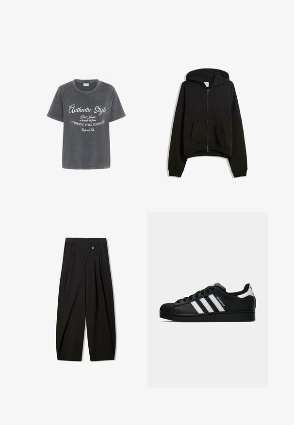 Felpa nera con zip realizzata in miscela di cotone, caratterizzata da un ampio cappuccio, tasca frontale e polsini a coste con un design cropped.; Kaffe VIA - T-shirt con stampa - black acid wash w chalk aop; Pantaloni neri a gamba larga realizzati in tessuto morbido, con pieghe frontali, chiusura con bottone e un design sartoriale per una silhouette ben definita.; Sneaker nera Adidas Superstar con strisce bianche, punta a conchiglia e testo "Superstar" su un lato, mostrata in profilo laterale su sfondo bianco.