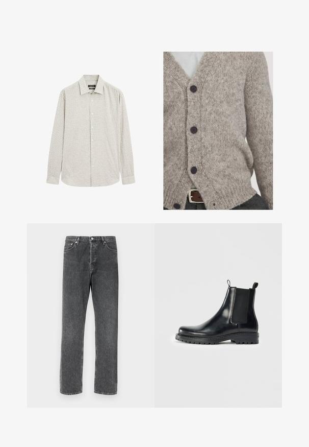 Hellgraue Strickjacke aus weicher Wolle, mit V-Ausschnitt, vier dunklen Knöpfen und lockerer Passform mit gerippten Kanten.; Hemd mit Knopfleiste im hellgrünen Karomuster, aus Baumwollmischung. Verfügt über einen klassischen Kragen und lange Ärmel, mit geradem Saum.; Graue Denim-Jeans mit gerader Passform, die über fünf Taschen, einen vorderen Knopfverschluss und kontrastierende Nähte entlang der Säume verfügen.; Schwarze Leder-Chelsea-Stiefel mit elastischen Seitenpaneelen, einer Schlaufe für einfaches Anziehen und einer robusten Gummisohle mit strukturiertem Grip.