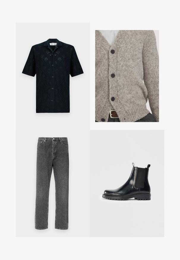 Hellgraue Strickjacke aus weicher Wolle, mit V-Ausschnitt, vier dunklen Knöpfen und lockerer Passform mit gerippten Kanten.; Marineblaues Hemd mit kurzen Ärmeln und Rautenmuster, gefertigt aus strukturiertem Stoff, mit Kragen und durchgehender Knopfleiste vorne.; Weißes Baumwoll-Tanktop ohne Ärmel mit Rundhalsausschnitt und glatter Textur. Einfaches Design, ohne Muster oder Akzente.; Graue Denim-Jeans mit gerader Passform, die über fünf Taschen, einen vorderen Knopfverschluss und kontrastierende Nähte entlang der Säume verfügen.; Schwarze Leder-Chelsea-Stiefel mit elastischen Seitenpaneelen, einer Schlaufe für einfaches Anziehen und einer robusten Gummisohle mit strukturiertem Grip.